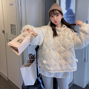 白色菱格套头羽绒服女卫衣款2025冬季新款白鸭绒小个子连帽外套图片