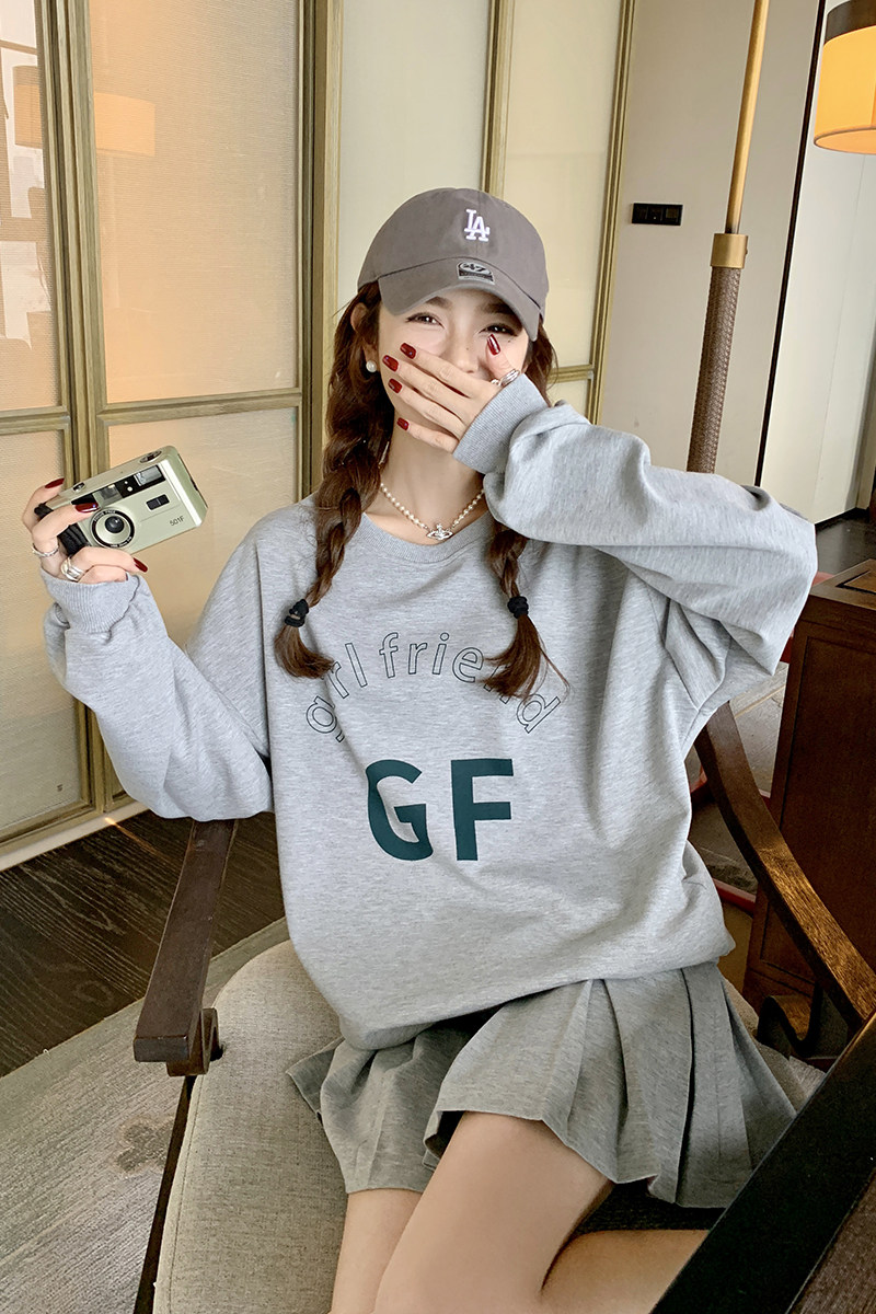 休闲减龄运动风穿搭灰色长袖上衣套装女春夏秋好看百褶短裙两件套,女装运动套装,淑塔可可