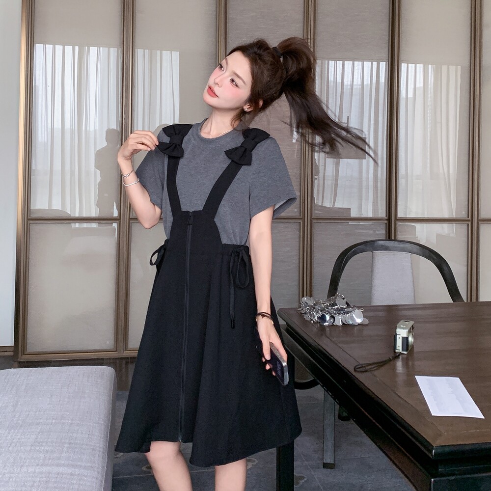 夏季假两件T恤拼接蝴蝶结背带裙2B203-1529-P135-K198，女装连衣裙，淑塔可可