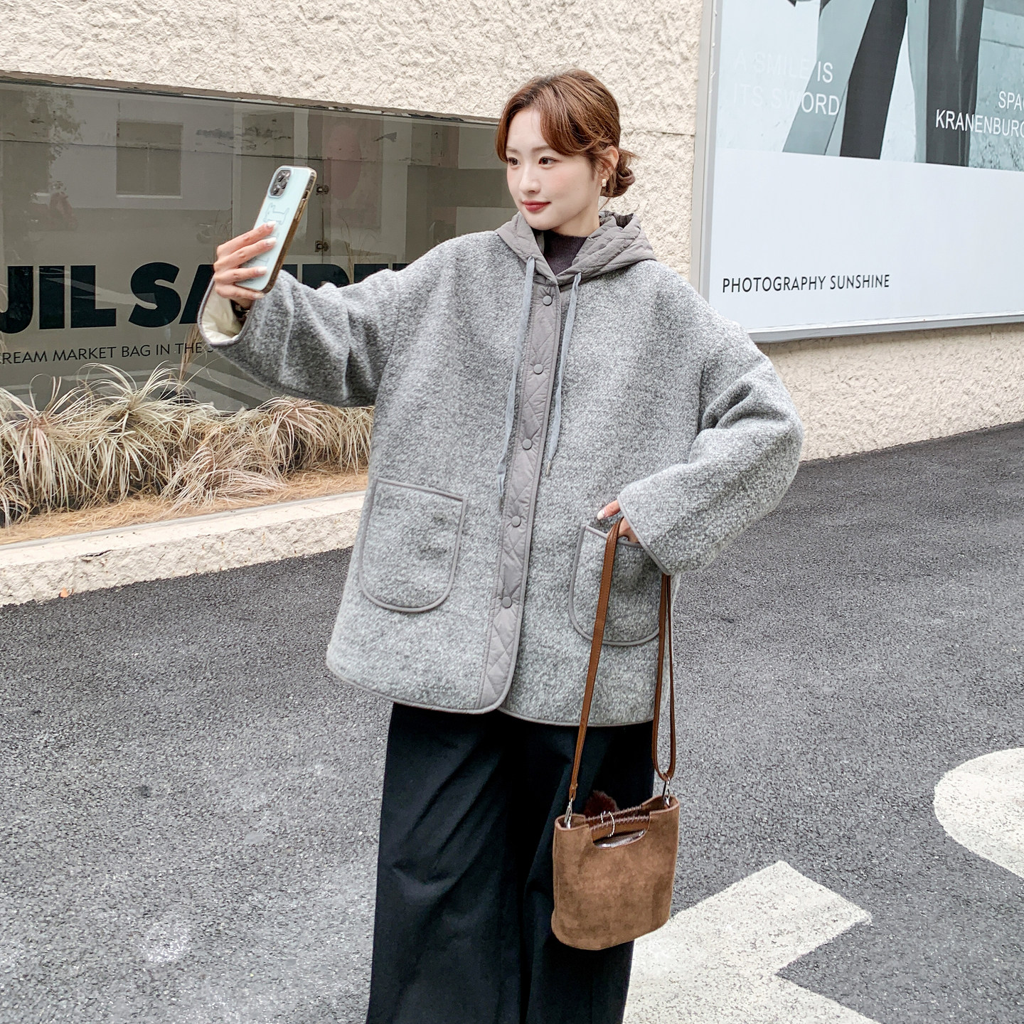 【新款】连帽羊毛圈圈呢外套90绒内胆151-1589-P305-K458,女装羽绒服,淑塔可可