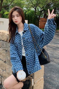 流行字母设计感牛仔外套女2025春秋季新款时尚百搭长袖polo领衬衫图片