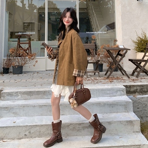 两面穿格纹拼接麂皮绒外套女2025秋季新款miu系复古拼色宽松上衣，女装皮衣，淑塔可可