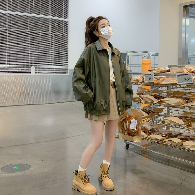 复古绿色皮衣外套女2025春季新款港风高级感宽松休闲小个子夹克潮,女装皮衣,淑塔可可