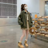 复古绿色皮衣外套女2025春季新款港风高级感宽松休闲小个子夹克潮，女装皮衣，淑塔可可