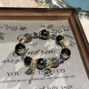 ins星月光乌金暗黑曜石蓝砂石陨石能量灰水晶手链女小众手串礼物