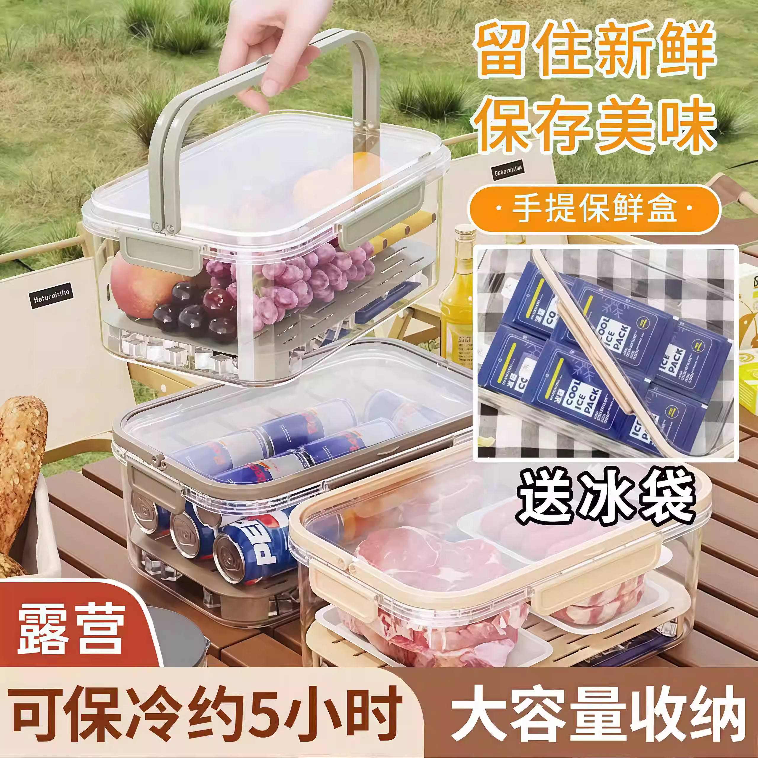 手提便携保鲜盒大容量冰箱瓜果蔬菜保鲜盒户外野餐水果便当盒