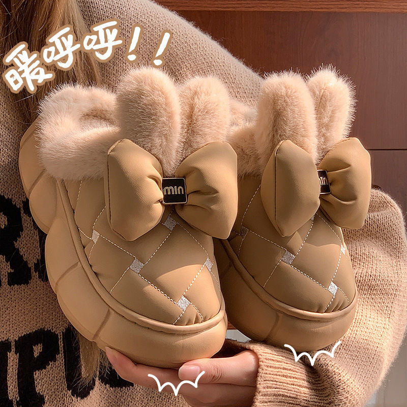 新款冬季防水棉拖鞋女士厚底室内居家时尚蝴蝶结毛毛绒保暖踩屎感