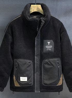 羊羔毛拼接棉衣美式棉服立领