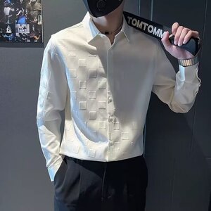 轻熟风修身衬衫春秋季男士痞帅商务休闲衬衣立体纹质韩版时尚上衣