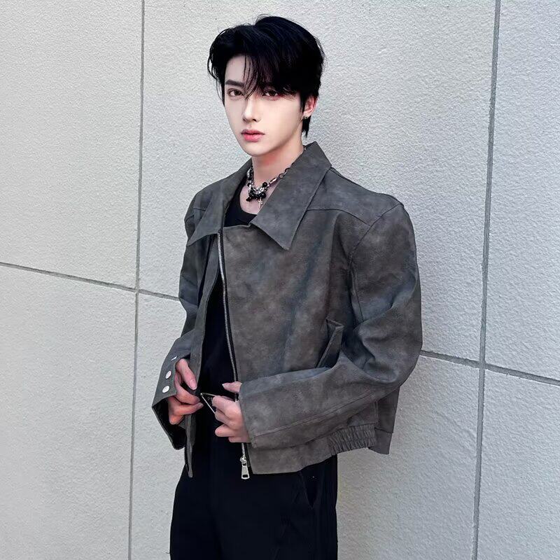 小众设计感短款垫肩外套男潮牌高级感痞帅翻领cleanfit机车服夹克