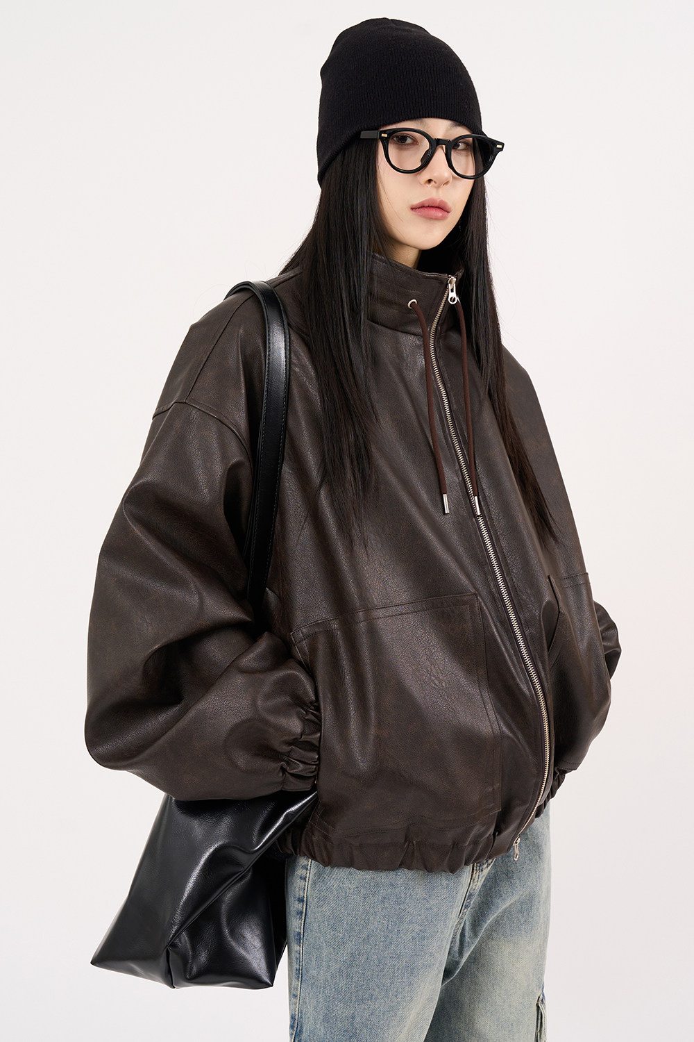 东大门韩国代购美式复古美拉德抽绳立领pu皮衣夹克宽松短外套男女