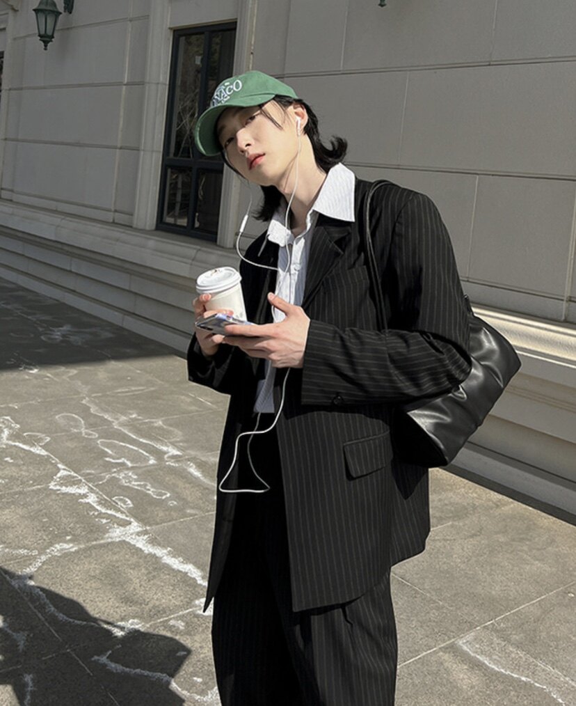 东大门韩国代购小众设计感竖条纹宽松休闲西服西装外套男女潮春秋