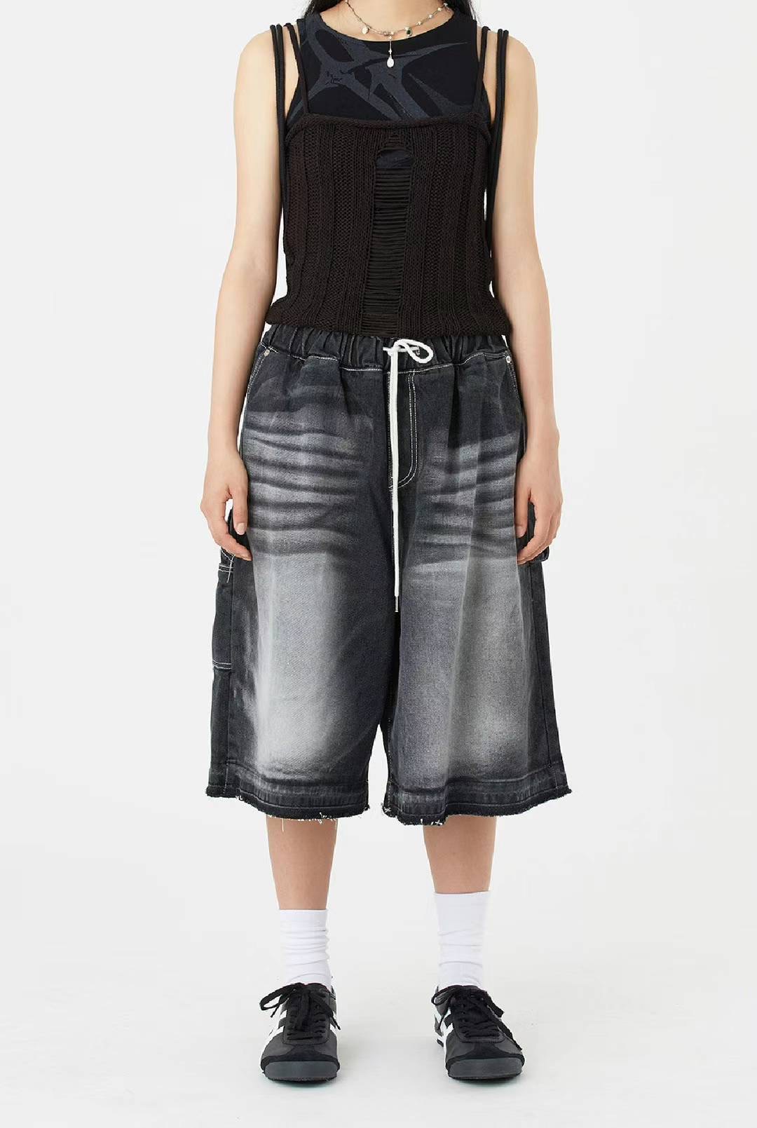 东大门韩国代购美式街头水洗猫须宽松廓形jorts六分牛仔短裤夏男