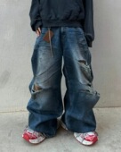 国现清仓 美式 街头复古new vintage污渍做旧破洞宽松牛仔裤 男
