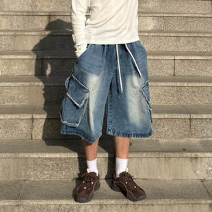东大门韩国代购美式街头复古大口袋jorts阔腿工装牛仔短裤中裤男
