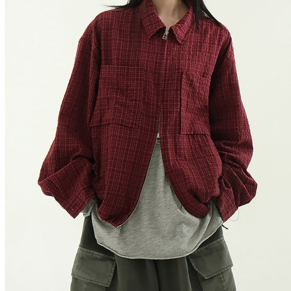 东大门韩国代购美式复古双拉链泡泡纱格子格纹外套短款夹克男女秋