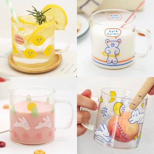韩国Romane可爱小玻璃杯带手柄水杯ins风奶昔果汁冷饮杯子350ml