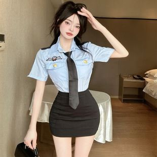 职业装 甜辣妹蓝衬衫 女夏季 空姐jk制服套装 紧身包臀裙工作服两件套