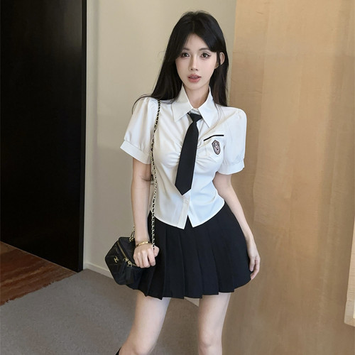 韩系纯欲学院风jk制服小清新甜美减龄修身短袖领带衬衫高腰百褶裙