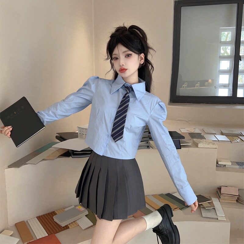 秋季学生装jk制服女长袖衬衫短款小个子上衣学院风工作服蓝色衬衣