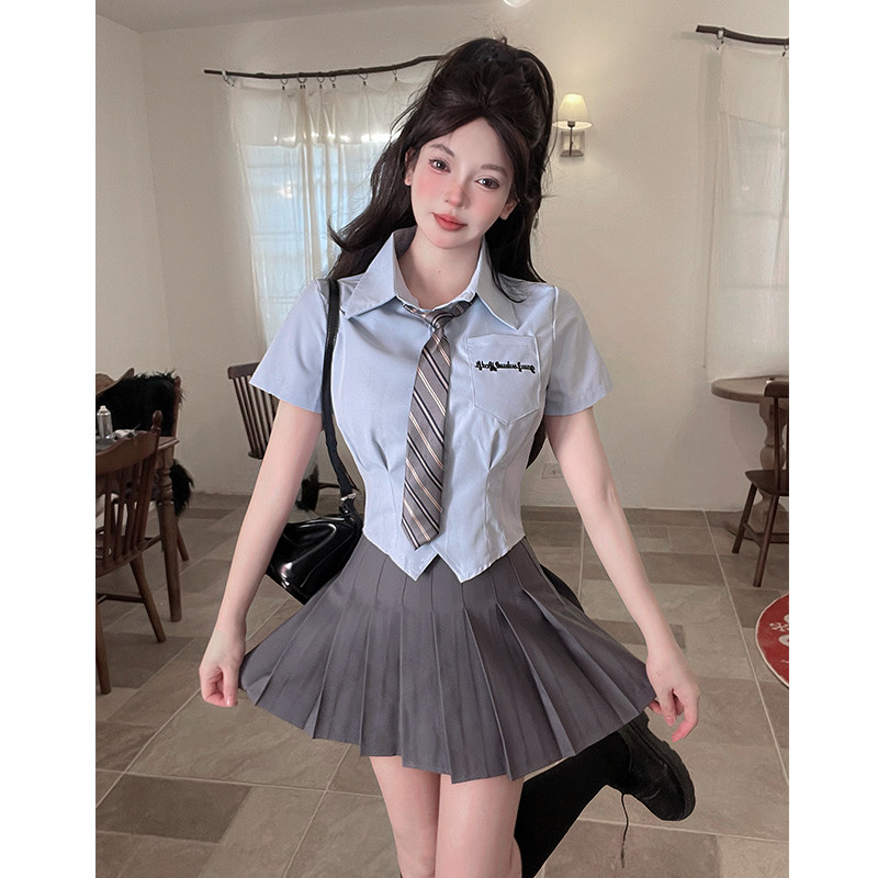 纯欲jk制服套装女2026夏季蓝色短袖领带衬衫百褶裙学院风两件套装