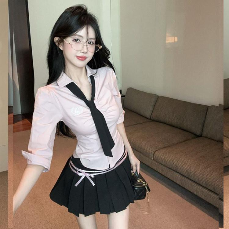 学院风蓝色衬衫收腰jk制服工作服
