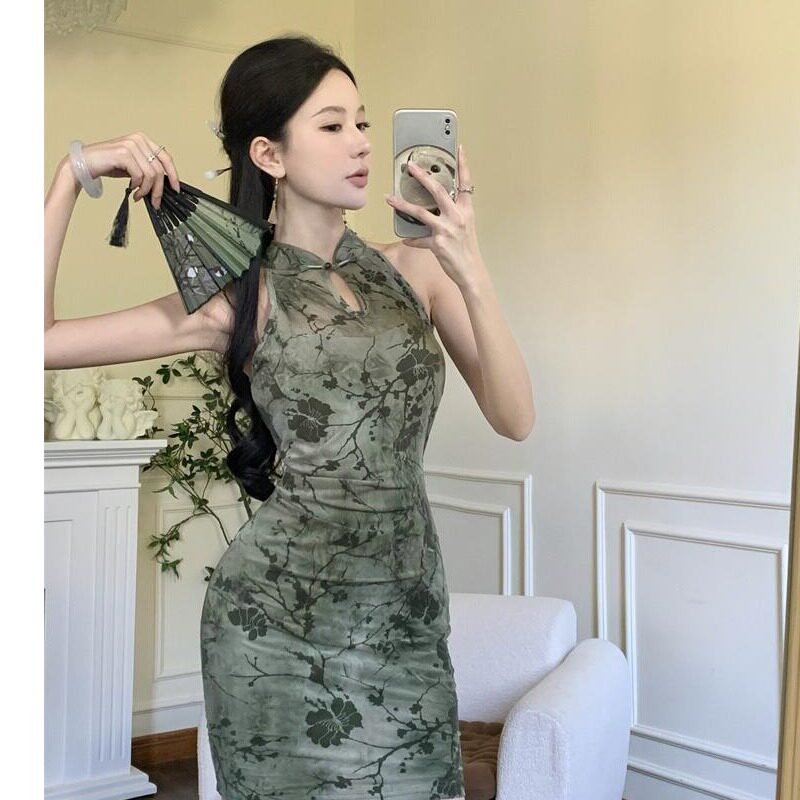 辣妹纯欲性感复古国风新中式绿色印花旗袍年轻款无袖包臀连衣裙女