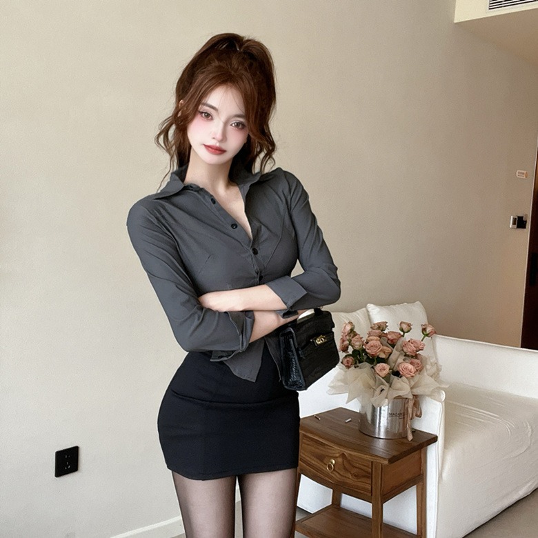 灰色长袖衬衫职业制服衬衣工作服