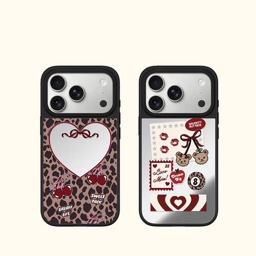 C家联名豹纹爱心樱桃邮票小熊适用iphone17手机壳16promax苹果15pro镜面MagSafe磁吸14plus甜酷少女13日韩12