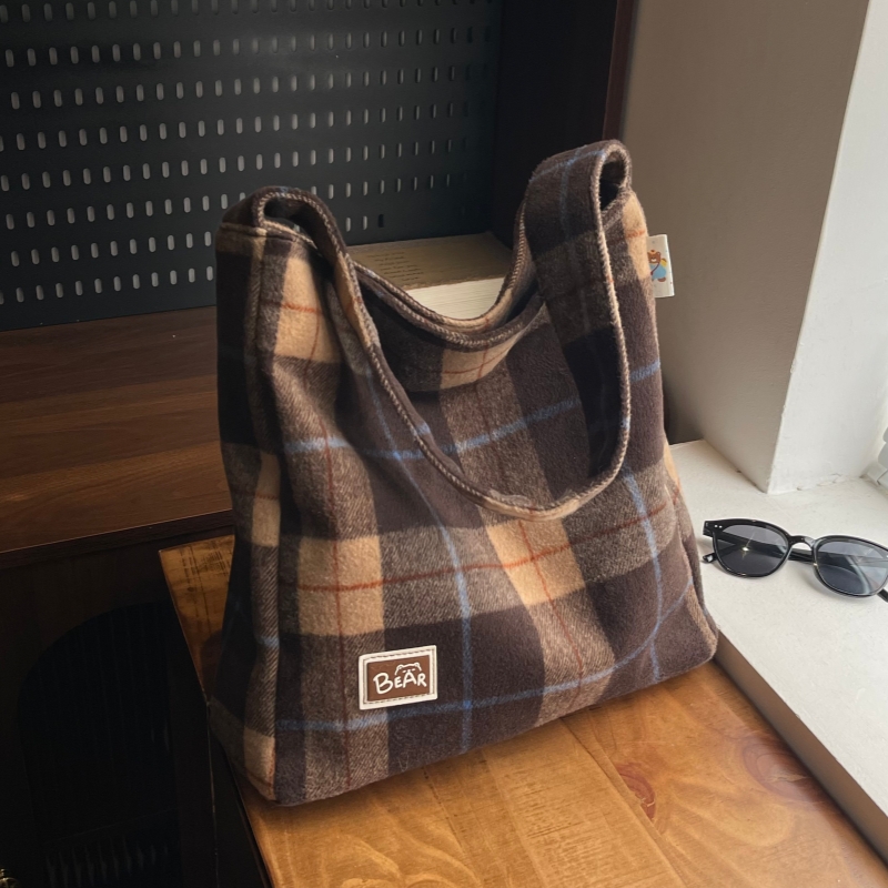 格子绒面托特包包女式2025新款潮秋冬复古单肩包大容量百搭手提包