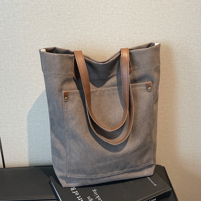 ins日系复古帆布单肩包包女简约大容量托特包潮质感纯色布袋子男