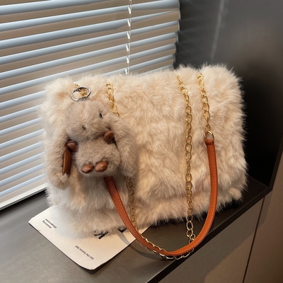 韩国流行气质单肩手提包毛绒绒百搭洋气时尚链条包包女2025小方包