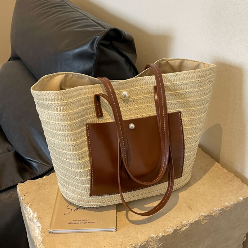 民族风大容量草编单肩包夏季法式编织包包女度假手提腋下托特女包