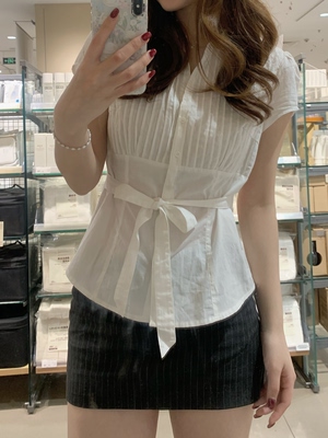 哦米家 V领褶皱蝴蝶结绑带收腰衬衫女夏季显瘦收腰气质衬衣