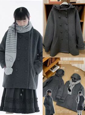 hugyourskin韩代复古日系连帽羊毛大衣中长毛呢纽扣外套冬