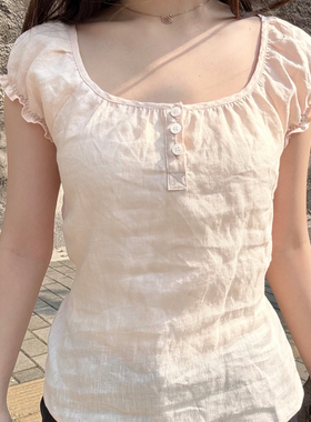 100亚麻亚麻粉白泡泡袖2025新款小衫美式木耳边短袖T恤温柔风浅粉