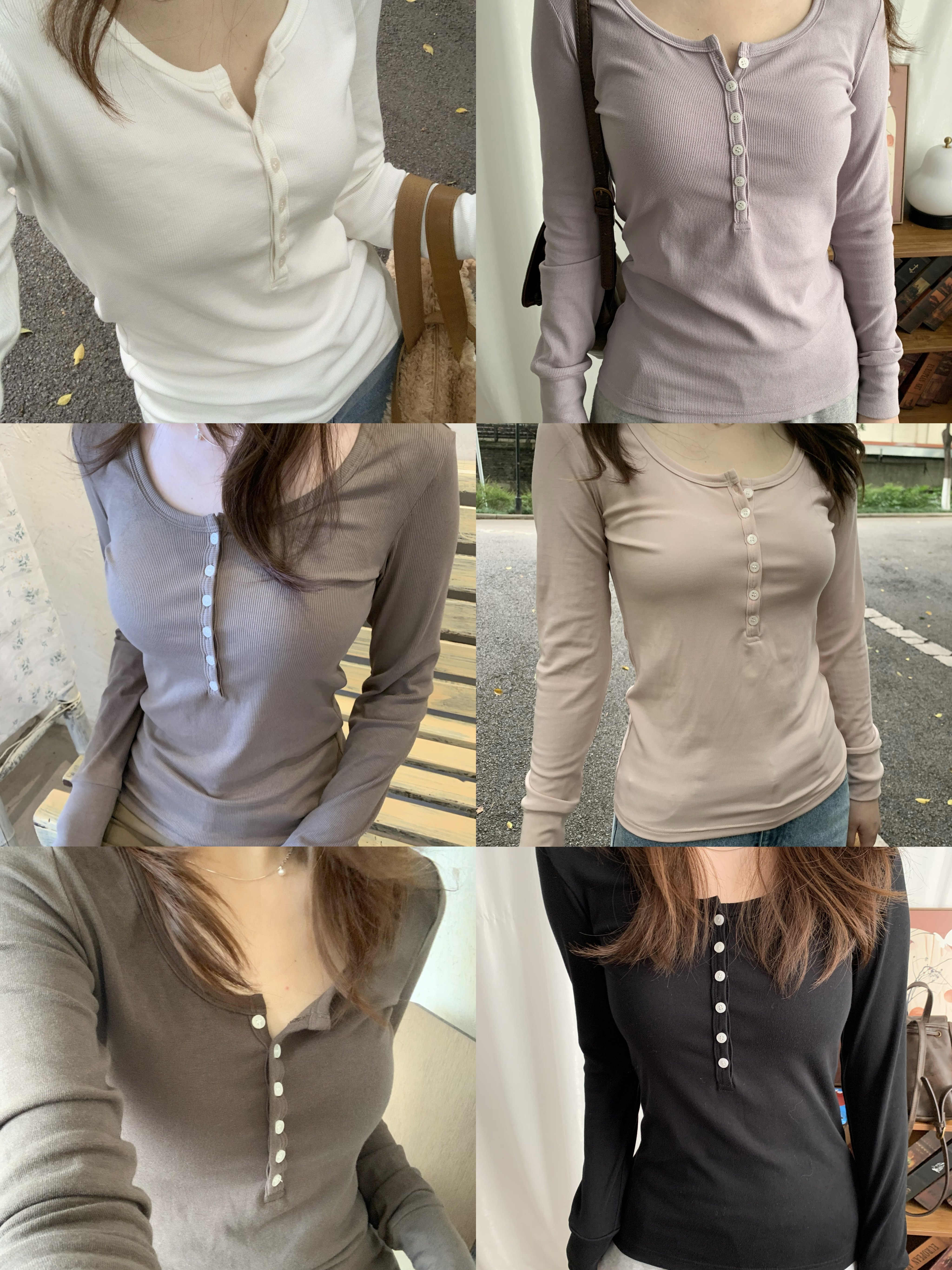哦米家·新款卡其棕绿色六粒扣长袖T恤bm早秋修身显瘦百搭打底衫