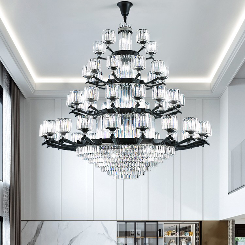 别墅复式楼客厅挑空大厅吊灯大气轻奢简约新款高档黑色水晶大吊灯