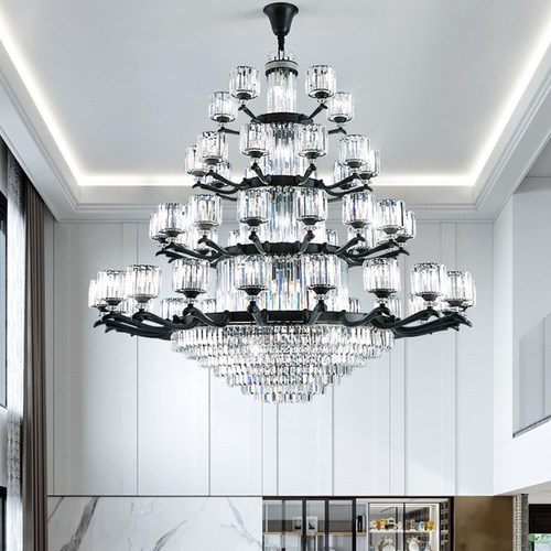 别墅复式楼客厅挑空大厅吊灯大气轻奢简约新款高档黑色水晶大吊灯