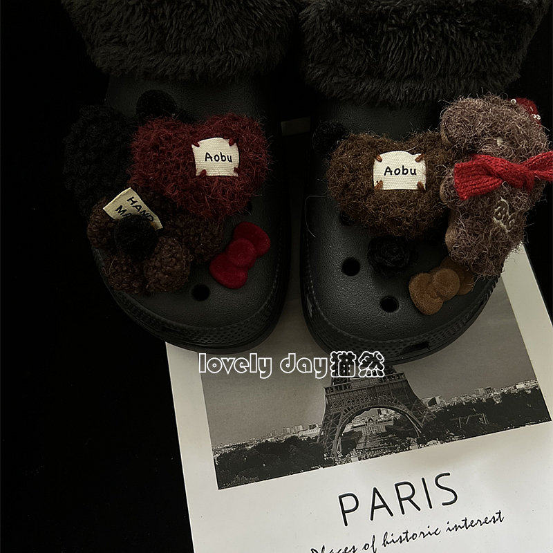 秋冬新款洞洞鞋配饰鞋花扣格子控蝴蝶羊羔甜酷毛绒搭配装饰鞋面扣