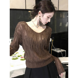 设计感咖色V领镂空针织衫春装女款2026年新款内搭打底衫罩衫上衣