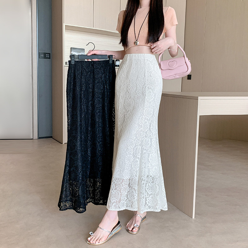 视频2026春夏新黑色蕾丝镂空长款半身裙高腰花边气质鱼尾裙子