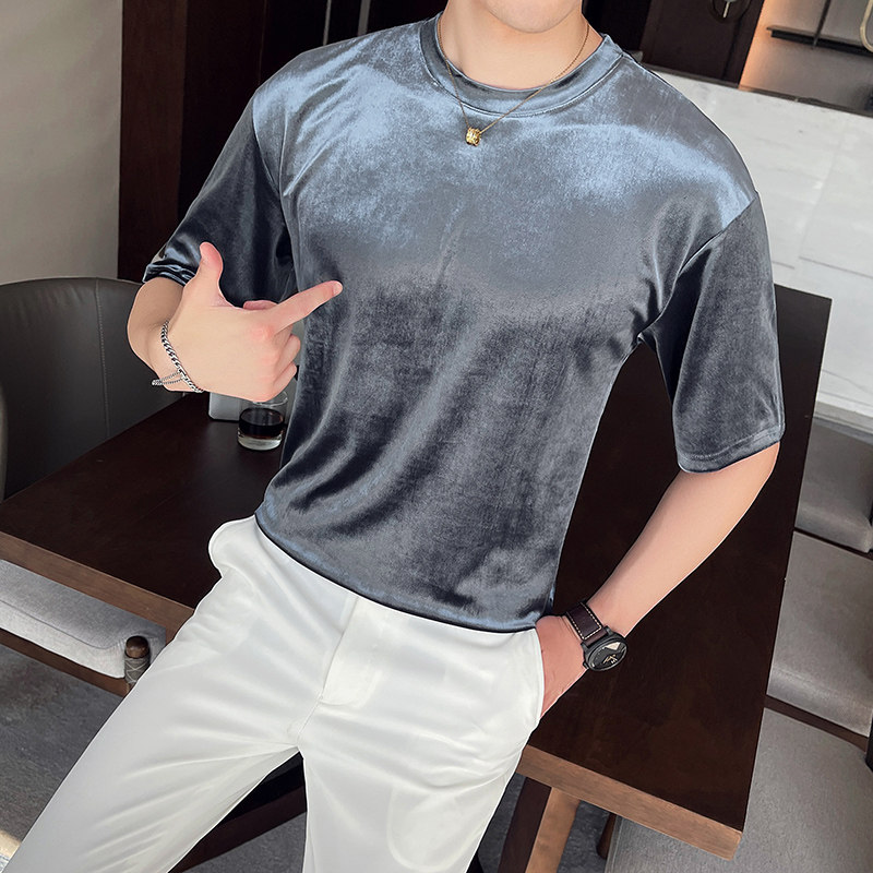 A05-P55男士休闲圆领流行短袖T恤宽松版本-金丝绒面料,男装T恤,电商A211