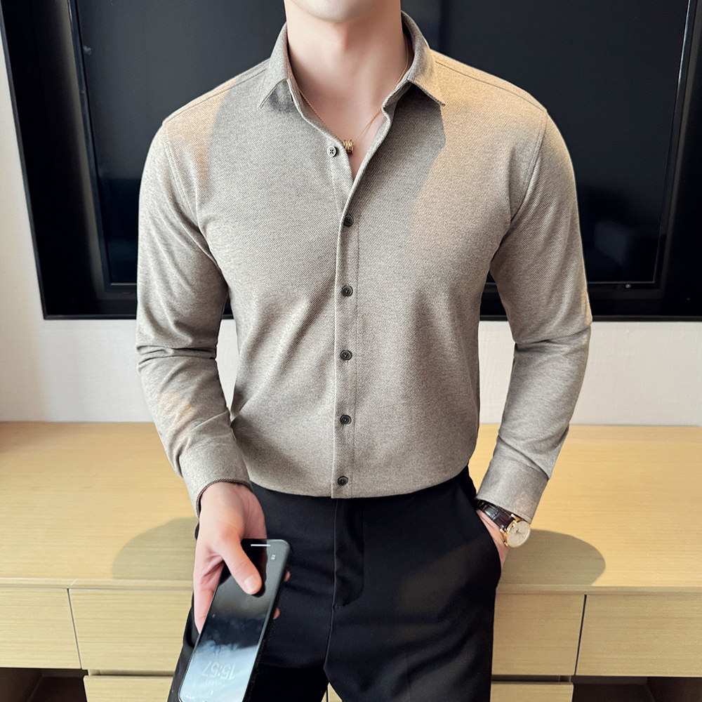 Y9015-P68加厚保暖毛呢衬衫高级感免烫衬衣米白色-M-4xl,男装衬衫,电商A211