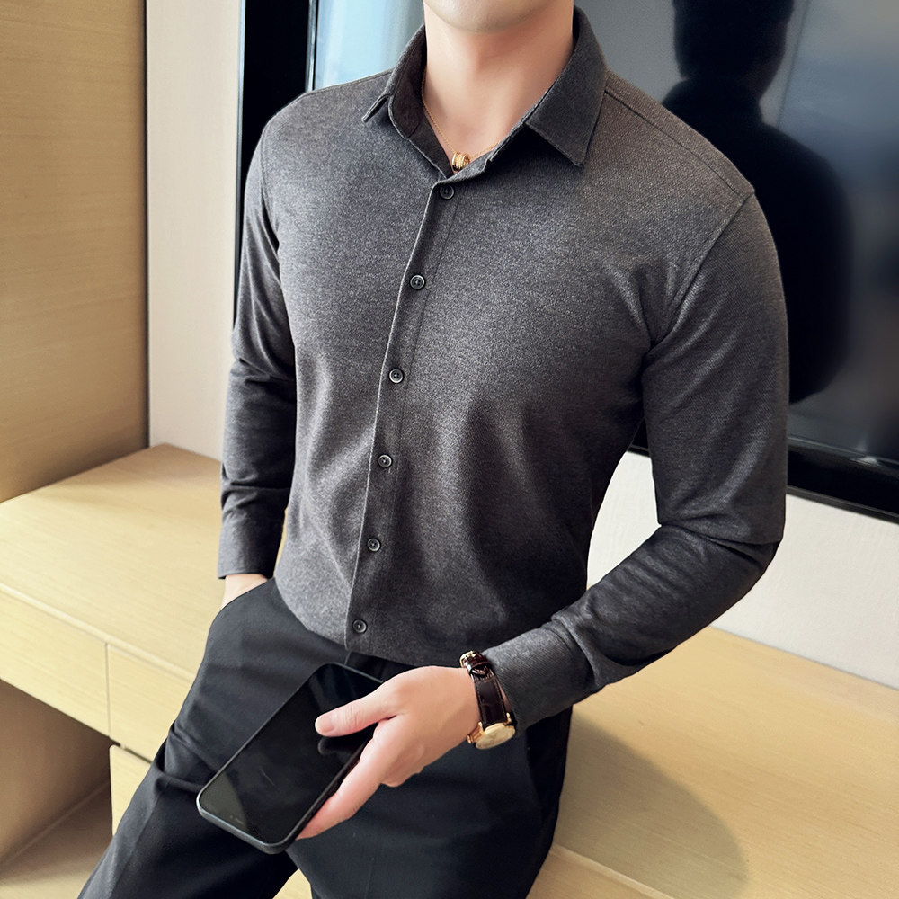 Y9015-P68加厚保暖毛呢衬衫高级感免烫衬衣米白色-M-4xl,男装衬衫,电商A211