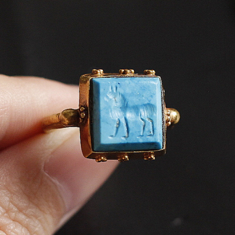 中亚几百年18k中古董黄金天然松石雕刻cameo卡梅奥家徽印章戒指