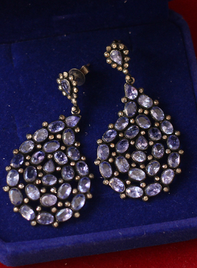 意大利回流进口天然坦桑石钻石925银镀金黑金中古董Vintage耳环