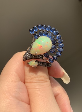 高品质蓝晶石欧泊925银戒指