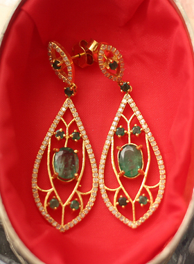 意大利回流进口天然祖母绿钻石925银镀金黑金中古董Vintage耳环