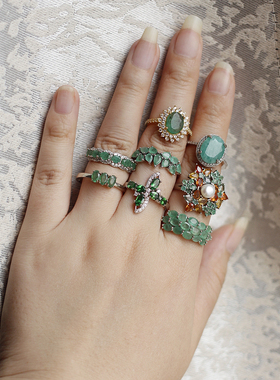 欧美天祖母绿透辉石925银戒指